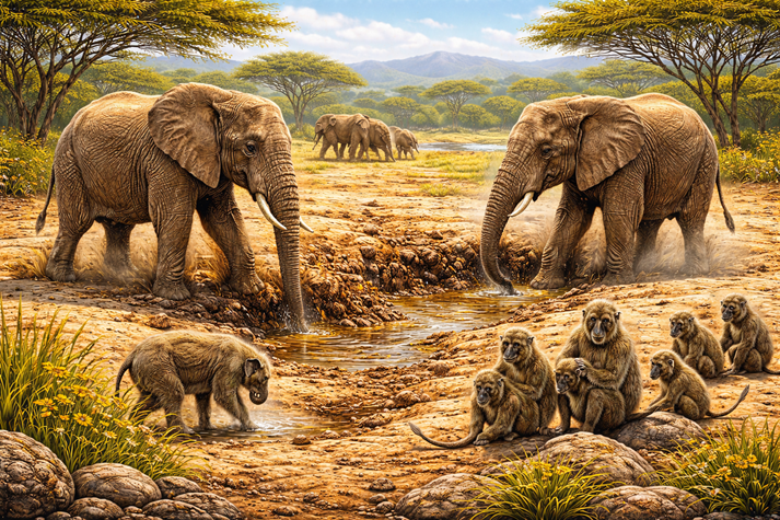 elephants digging in dry ground while baboons gather nearby