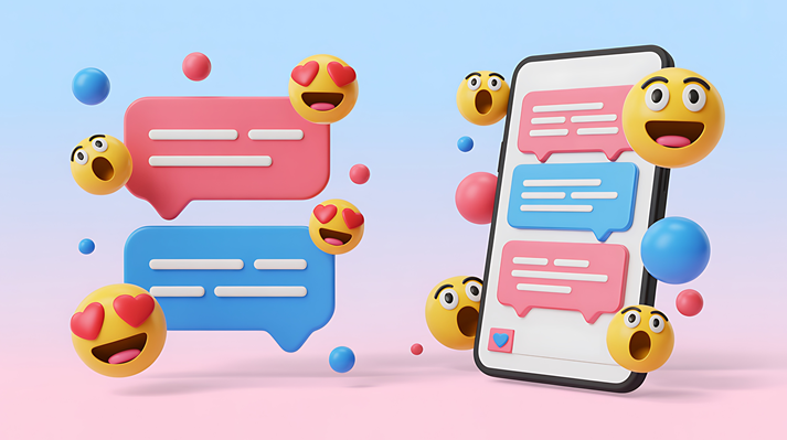 3D Smartphone with Chat Bubbles and Emojis on Gradient Background