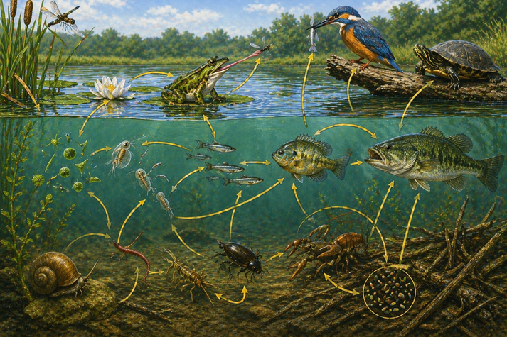 Pond ecosystem food web diagram