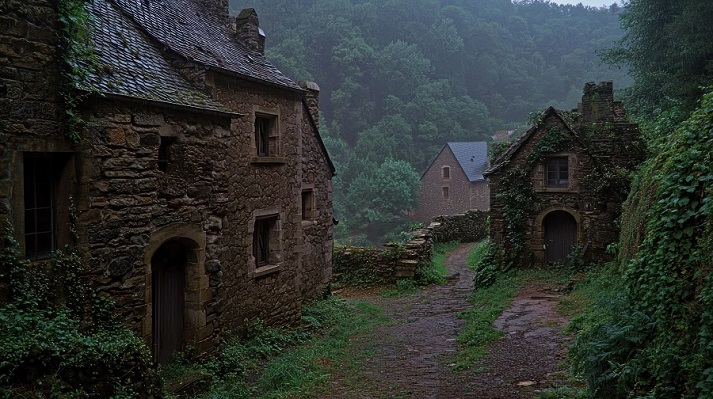 village forest in Great Britain Misty mountain village alleyway, stone houses, rain, forest backdrop