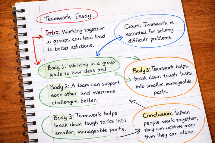 A zoomed-out view of a page with sections circled and arrows pointing to main ideas.