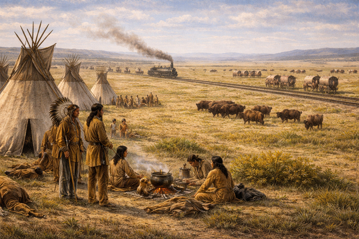 A rectangular scene showing westward expansion on the Great Plains, with railroad tracks and wagons in the distance, a reduced bison herd, and a nearby Native camp, illustrating how the land and way of life were changing.