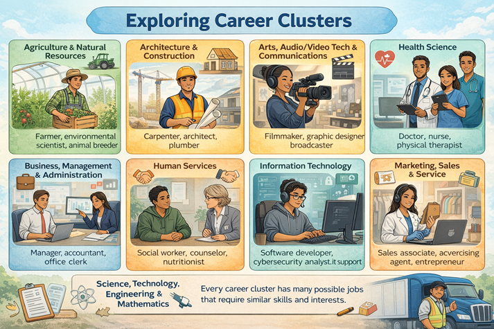 A clean infographic showing career clusters grouped in a circular or color-coded chart.