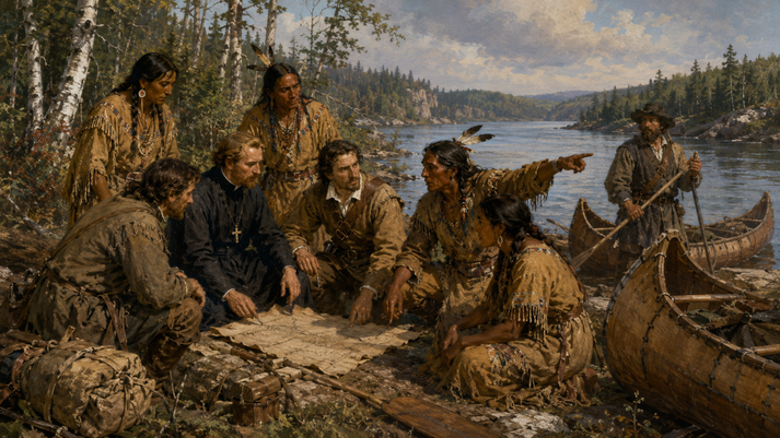 Explorers and Indigenous collaborators by the river