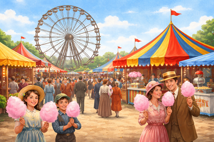 A colorful scene of a busy 1904 World’s Fair with people holding cotton candy, a large observation wheel in the background, and bright tents and exhibits.