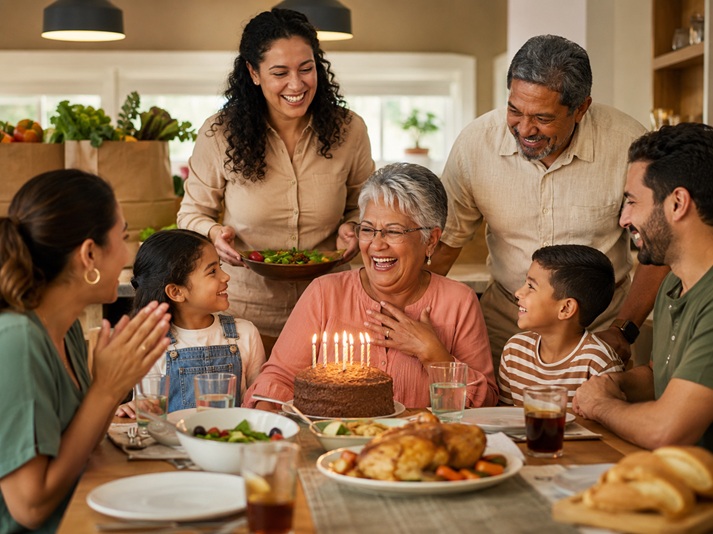 Family birthday celebration in the kitchen