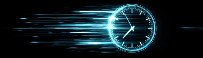 A glowing clock with a futuristic design showing fast motion, symbolizing speed, time management, and technology.
