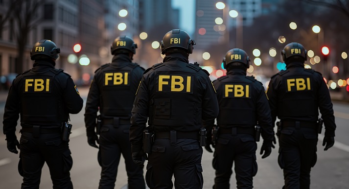 FBI FBI tactical team in full gear seen from behind on city street at night with bokeh lights