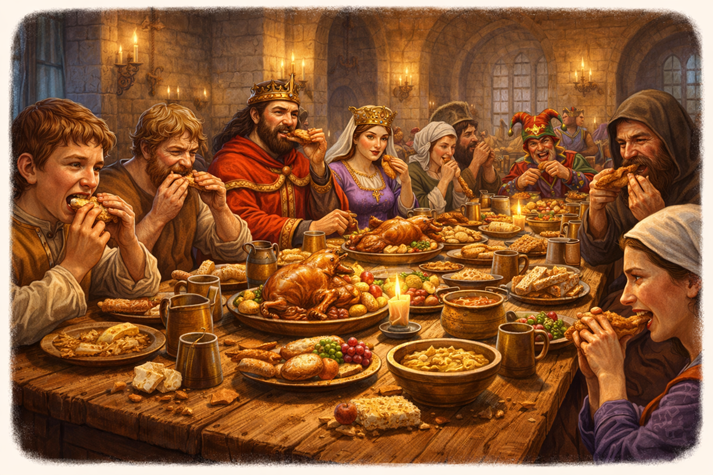 A medieval meal scene with people eating with their hands at a long wooden table