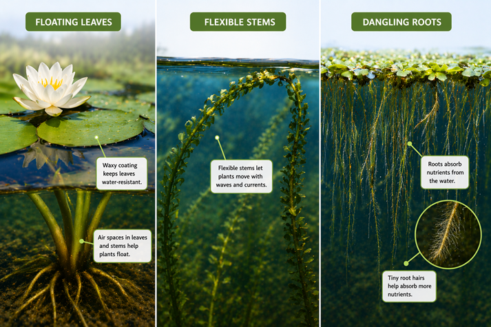 Close-up illustrations of aquatic plant features such as floating leaves, long flexible stems, and dangling roots