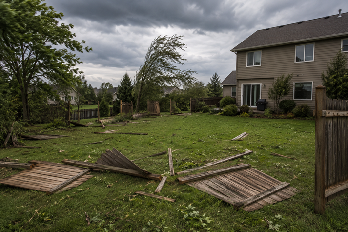 Wind-blown backyard with fallen fence
