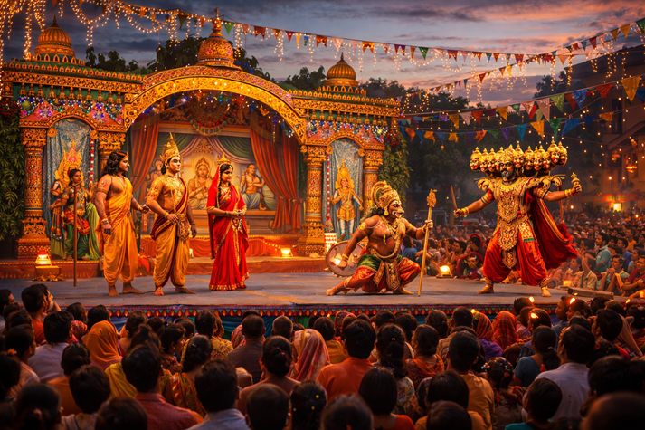 A colorful festival scene with performers acting out a story on stage.