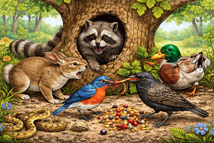 Woodland animals fight for food