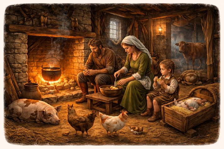 A small medieval home with a fire, family members, and animals inside