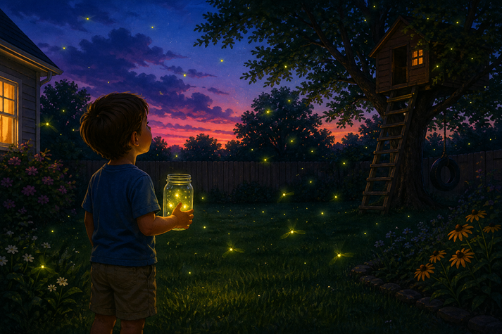 child standing in a backyard at dusk, watching glowing fireflies in the air, with a jar in their hand