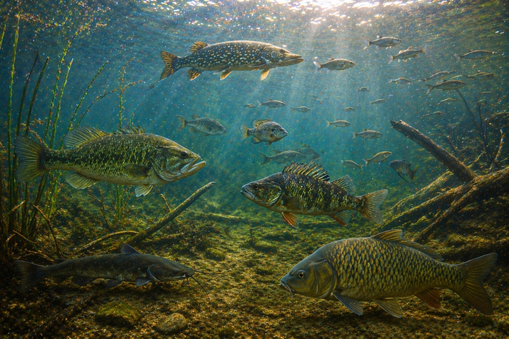 realistic underwater scene with different freshwater fish swimming at various depths