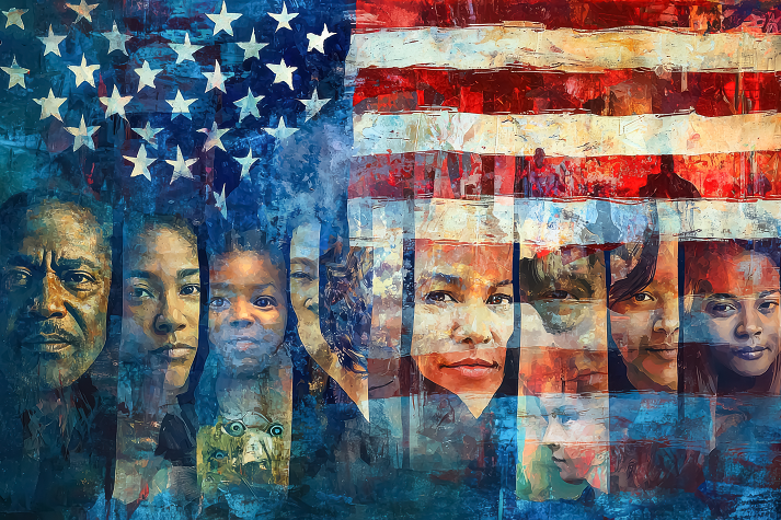 Diverse Faces of America in a Patriotic Collage. A digital painting featuring a blend of diverse American faces of different ages, ethnicities, and genders interwoven with the American flag