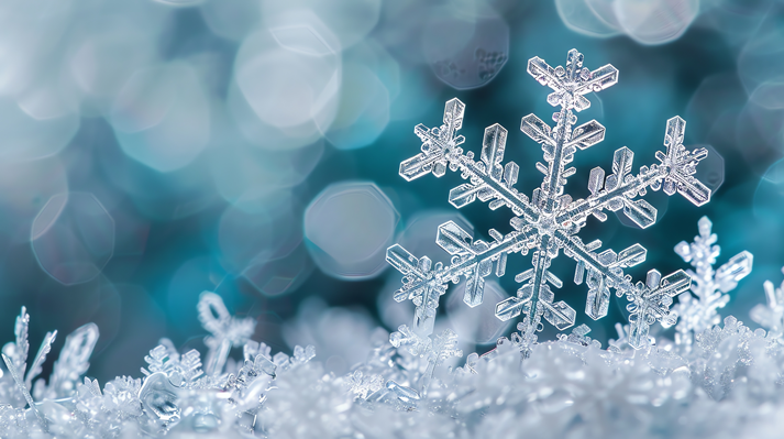 A single, perfectly formed snowflake resting on a bed of other snowflakes.