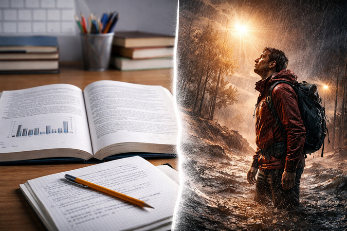 A classroom desk with an open textbook on one side (plain text, charts, and notes) fading into a vivid, story-like scene on the other side (a person standing in a rainstorm or dramatic moment), showing the contrast between basic nonfiction and literary nonfiction
