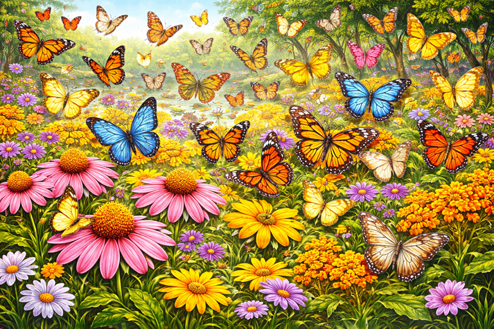 too many butterflies in a field of flowers