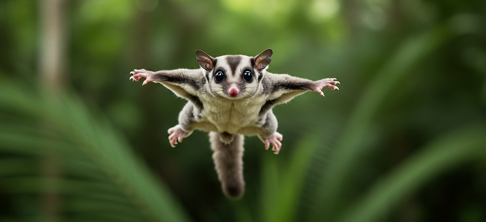 Sugar glider gracefully glides through lush green foliage soft sunlight illuminates its flight