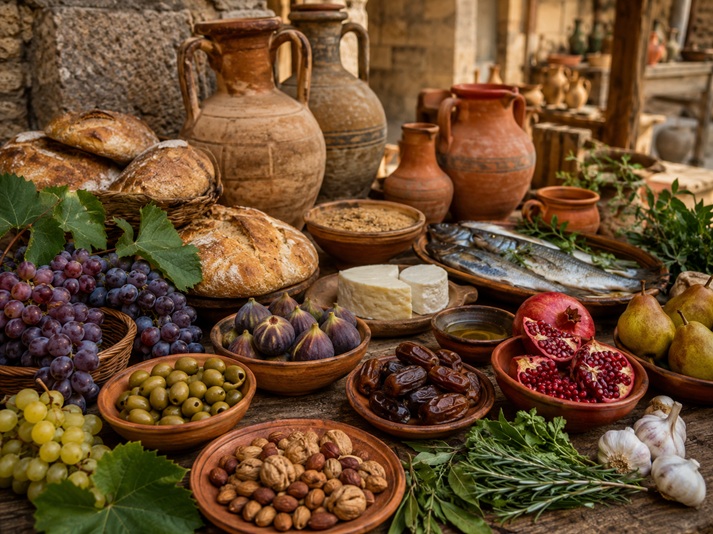 Mediterranean market bounty on wooden table