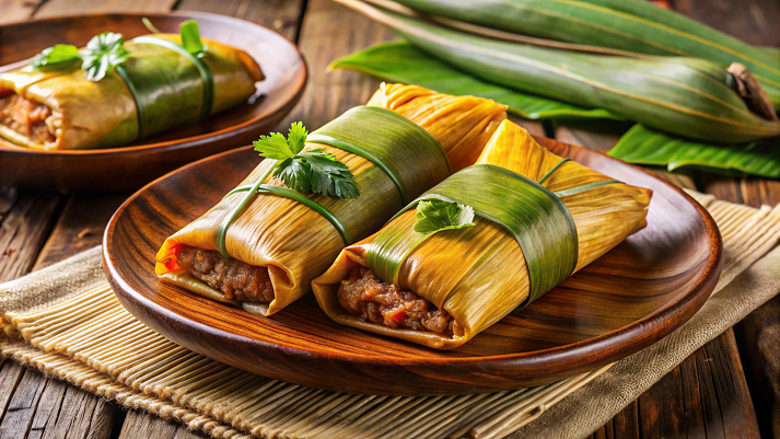 Nicaraguan nacatamales — banana leaf-wrapped tamales with pork, rice, and vegetables, served on a traditional plate