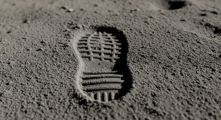 footprint on the moon A single footprint impression in gray lunar soil surface with visible tread pattern and texture detail