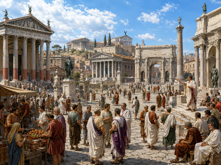 Bustling Roman forum in daylight