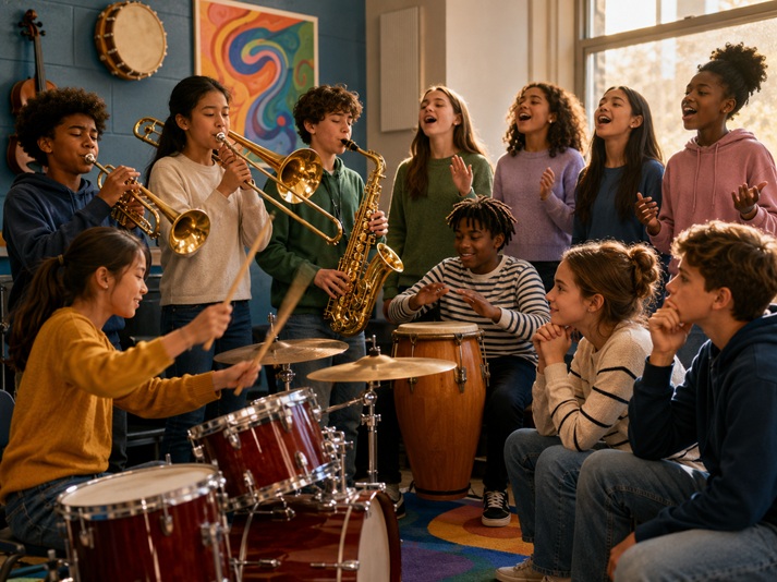 Vibrant classroom music ensemble in session