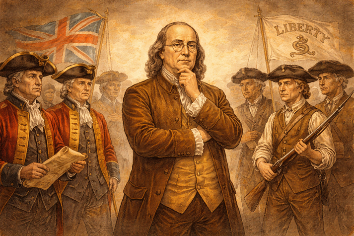 Benjamin Franklin in a formal setting meeting with French leaders, with maps and documents on a table