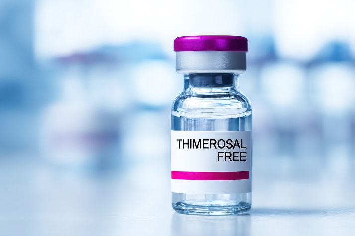 thimerosal-free vaccine A clear glass vial labeled