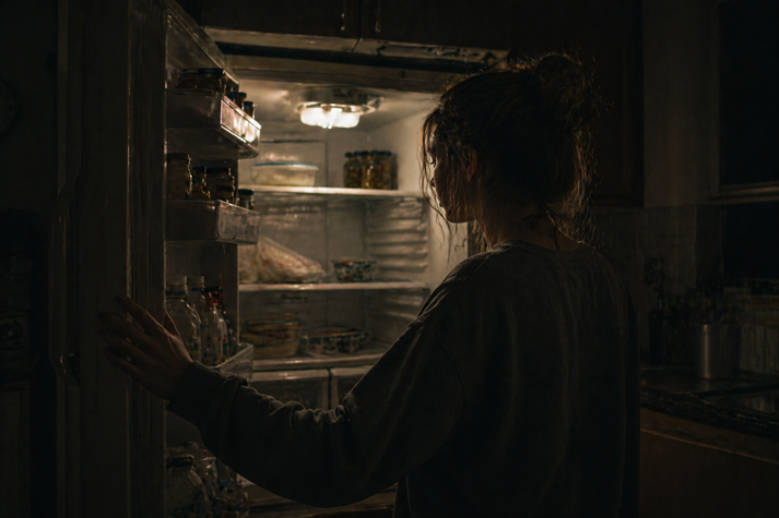 Late-night fridge search in dim kitchen