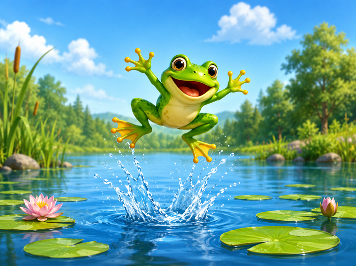 Joyful frog leaps above the pond
