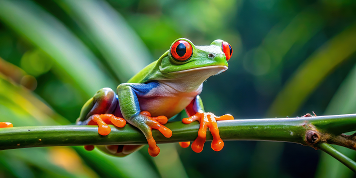 A red-eyed tree frog perches on a leafy branch in a Costa Rican rainforest