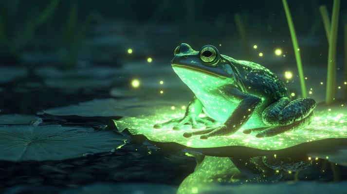 glowing frog A luminous frog amidst glowing fireflies