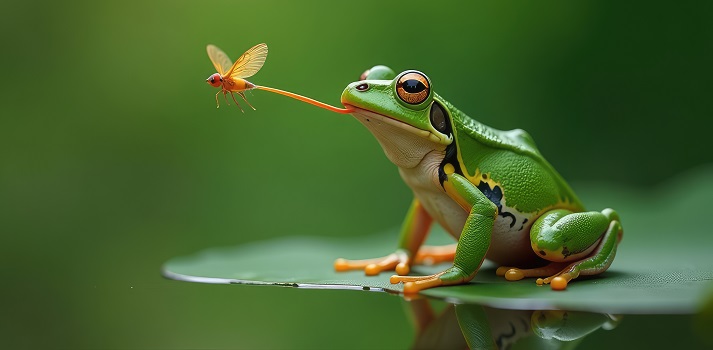 frog eating Cute Green Frog Catches A Fly With Its Tongue. Natural Hunting In The Wild