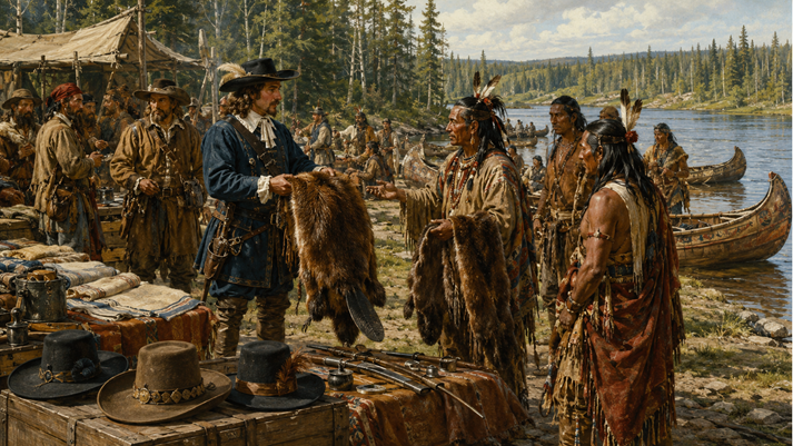 Riverside fur trade in vibrant detail