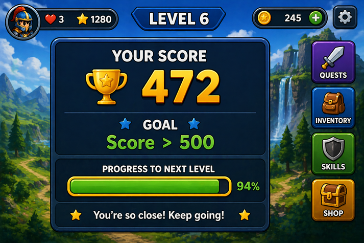 game screen showing a score of 472 and a goal of “Score > 500” with a progress bar almost full
