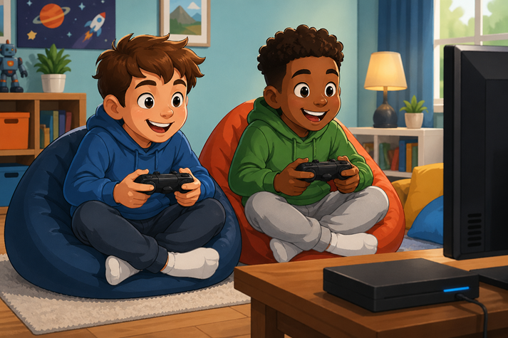 Playful gaming session in cozy room