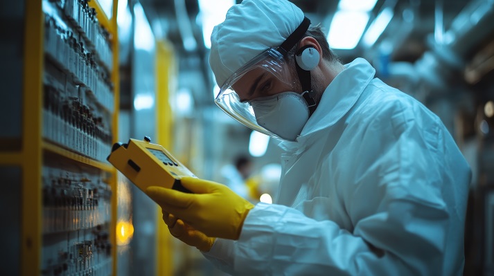 specialist using a Geiger counter A radiation detection specialist using a Geiger counter in a nuclear facility, measuring radiation levels and safety data