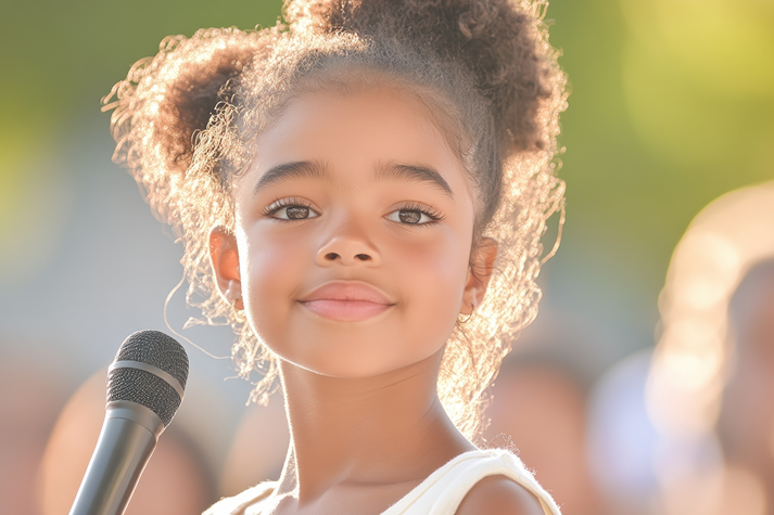 A young activist giving an empowering speech, her voice echoing equality and hope