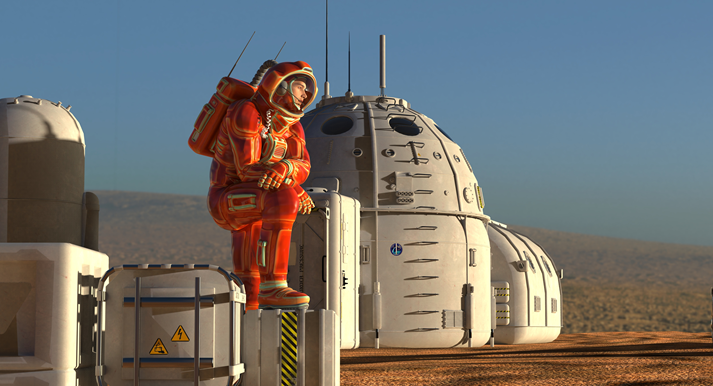 Mars colony. Expedition on alien planet. Life on Mars. 3d Illustration.