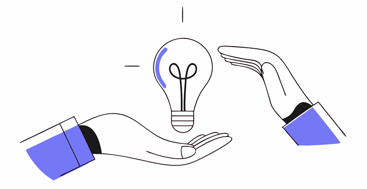 A pair of hands exchanging a glowing light bulb