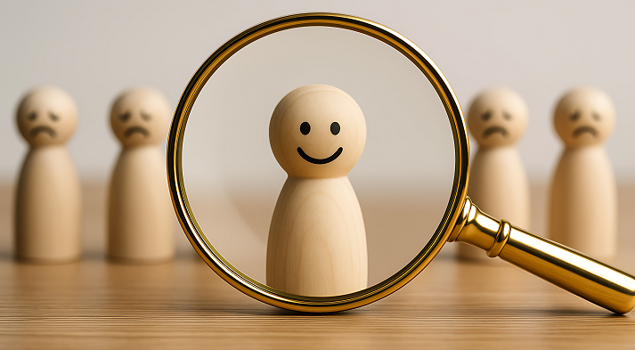 Magnifying glass highlighting smiling wooden figure standing out from sad people