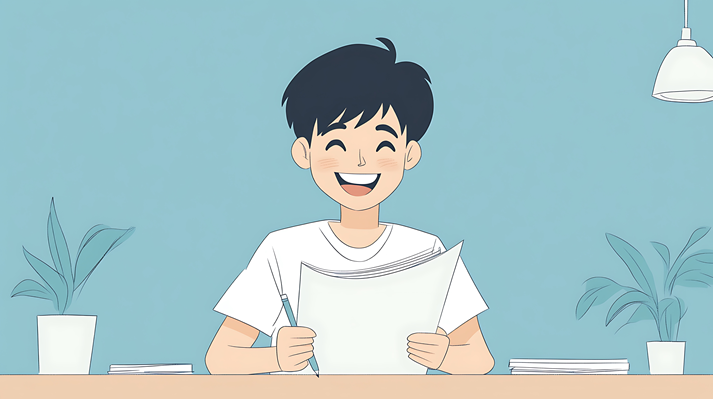 Student writer grinning at seeing their byline in school newspaper, vector