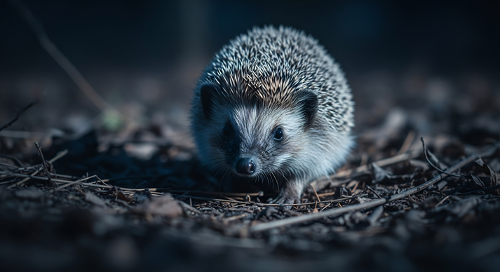 Close-up of a hedgehog on forest floor.