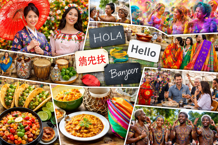 A collage of different cultural elements such as food, clothing, festivals, and languages from around the world