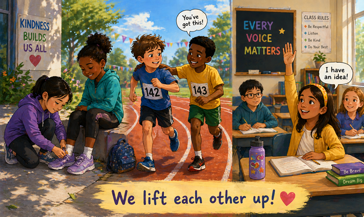 A group of diverse kids helping each other—one tying a shoe, one encouraging another during a race, one raising a hand in class.
