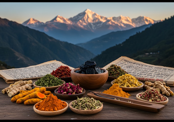 Traditional Ayurvedic setup with Shilajit resin herbs incense and ancient texts with a serene Himalayan mountain background